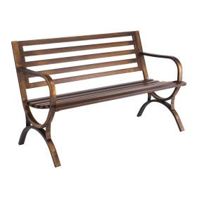 Outdoor Bench, 50 inch, Carbon Steel Metal Frame with Slatted Pattern Backrest and Round Edge Armrests, Weatherproof Outside Bench for Patio, Gar