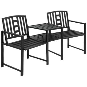 Metal Garden Bench Loveseat with Umbrella Hole & Armrests, for Patio, Porch, Backyard