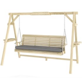 3 Seat Wooden Porch Swing with Stand, Patio Swing with Cushion, for Garden, Poolside, Backyard, Natural Wood