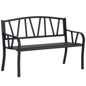 Outsunny 50" Metal Garden Bench, Black Outdoor Bench for 2 People, Park-Style Patio Seating, Decor with Smooth Armrests, Slatted Seat and Backrest